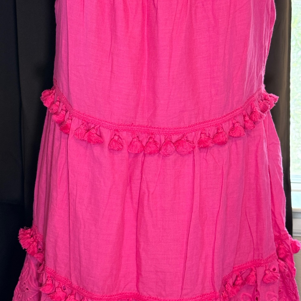 Sweet Lovely by Jen Hot Pink Tassel Tiered Eyelet Lace Mini Dress Womens Large - Picture 3 of 5